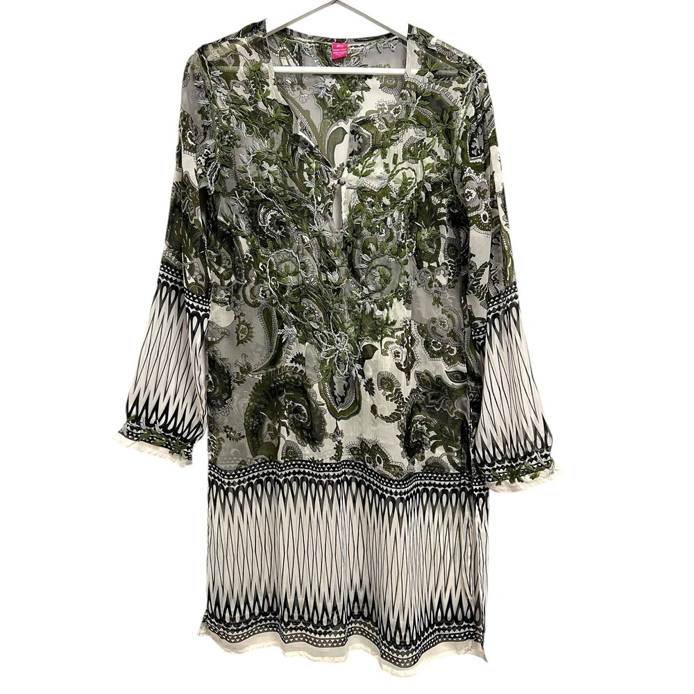 Raj Tunic Top Women Medium Green Paisley 100% Silk Embroidered Coverup Resort